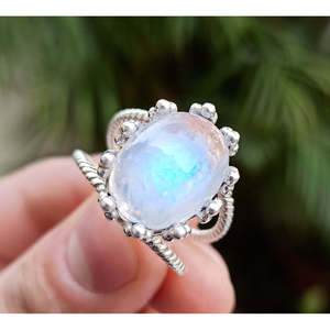 925 Sterling Silver Rainbow Moonstone Women's Handmade <b>Statement</b> <b>Ring</b> Boho Hippie Style Gift with Rhodium Plating - Product Image 6