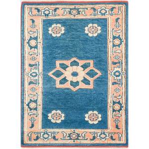 Tapis de grande surface en laine nouée à la main Nuray Blue Pae-1159, motif médaillon diamant, rectangulaire, pour couloir, salon et chambres d'adolescents - Product Image 1