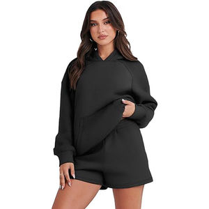 เสื้อสเวตเตอร์สำหรับผู้หญิงเสื้อไม่มีซิปล้างแบบกรดชุดวอร์มสำหรับใส่วิ่งชุดวอร์มเสื้อครอปมีฮู้ดและชุดสั้นสำหรับผู้หญิง - Product Image 6