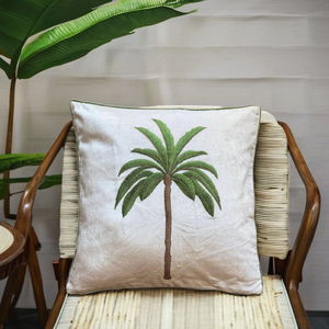 Housse de coussin en coton blanc brodée sur mesure en gros, motif palmier, haute qualité, passepoil vert, oreillers et positionneurs fonctionnels - Product Image 4