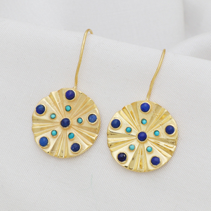 Pendientes de Plata de Ley 925 chapados en oro turquesa y lapislázuli de moda del mundo, pendientes de joyería colgantes de piedras preciosas hechas a mano - Product Image 2