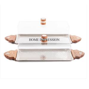 Bandeja de forma ovalada pulida brillante con acabado de Color plateado HECHO DE Metal resistente con hojas chapadas en oro y asas de diseño de flores - Product Image 6