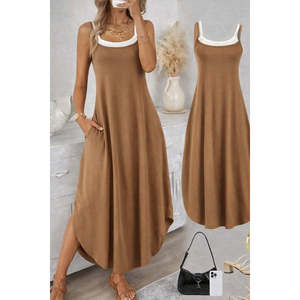 Vestido largo de viscosa con cuello redondo y tirantes para mujer, con bolsillos, 34001 - Café con leche - Product Image 1