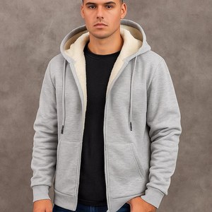 <b>Men's</b> 100% Cotton Knitted <b>Sherpa</b> <b>Lined</b> Fleece Solid <b>Hoodie</b> with Pocket Warm Winter Pullover Digital Printing OEM Service - Product Image 2