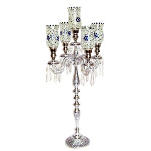 Hot Embossed Design Metal <b>Candelabra</b> with Glass Votive Unique Design Shiny Handmade Tall <b>Candelabra</b> with Hanging Crystal Drops - Product Image 1