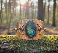Bracelet manchette large en argent sterling 925 plaqué or avec motif feuille de labradorite, pierre ovale à reflets verts, style bohème pour femme