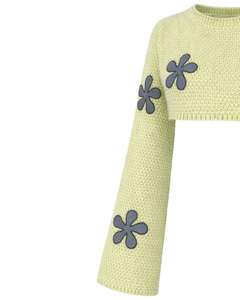Womens Light Green Cropped Knit Sweater <b>With</b> Flower Applique Long Flare Sleeves Soft Fashion Casual Winter Top Streetwear Styles - Product Image 3