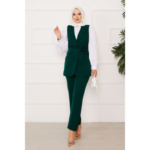 Conjunto de chaleco esmeralda con lazo lateral, blazer largo XL de fitness, cuello con lazo, tejido de lana y poliéster, botones decorativos, color esmeralda, para fitness. - Product Image 1