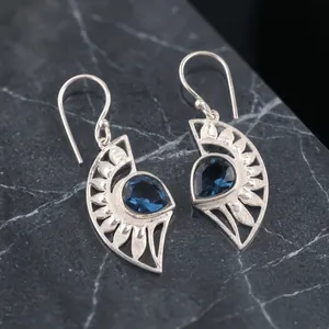 Women's 925 Sterling Silver Bohemia Drop <b>Earrings</b> With London <b>Blue</b> <b>Topaz</b> Bezel Setting Flower Pattern Everyday Wear - Product Image 5