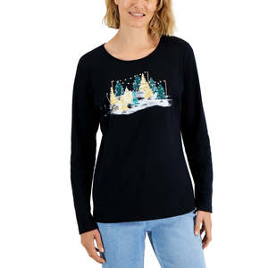 Karen Scott Top casual da donna a maniche lunghe per le vacanze, nero, taglia media - Product Image 1