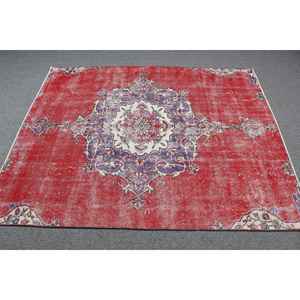 Alfombra Vintage de 4.7x5.9 pies, Alfombra Turca, Alfombra de Lana Abstracta Roja y Azul - Product Image 3