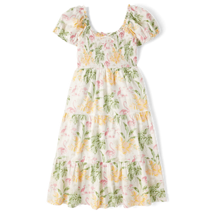 Vestido Midi Elegante Blanco Tropical para Mujer de Childrens Place, con Escote Fruncido, 100% Algodón, Cierre Tipo Pullover y Cintura Elástica - Product Image 1