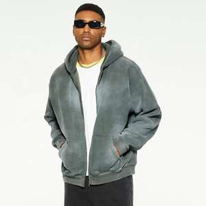 Wholesale Fleece Terry Cotton Soft <b>Hoodie</b> Rhinestone New Designed Zip up Acid Washed Patch Embroidery Heavyweight <b>Hoodie</b> for Men - Product Image 5