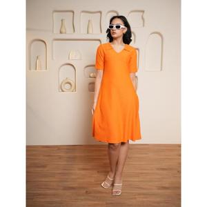 Women's Half Regular Sleeve V Neck Midi Length Relaxed Fit A-line Silhouette Stretchable Textured Print Dress - Product Image 1