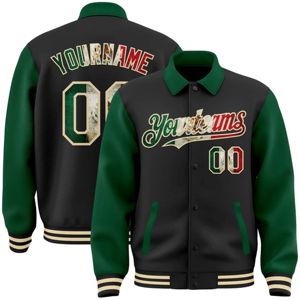 Veste bomber personnalisée noire vintage avec drapeau mexicain, vert Kelly neutre, entièrement boutonnée, style universitaire, col à revers bicolore, modèle Byron - Product Image 1