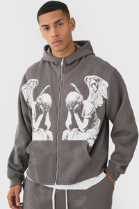 High Quality Tracksuit Acid <b>Wash</b> 100% Cotton <b>Screen</b> Printing Logo Flared Trouser and Zipper Hoodie Oversized Tracksuit For Men's - Product Image 3