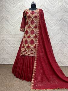 Élégant Viscose Salwar robe musulmane dernière tendance exclusive Chinon imprimé séquence travail Lehenga Choli pelouse-indien pakistanais - Product Image 4