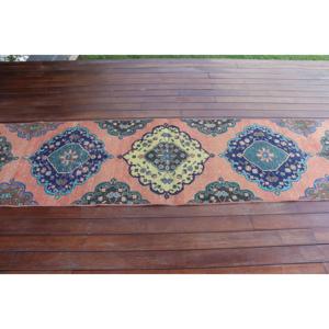 พรมตุรกีโบราณ ขนาด 2.3x12.3 ฟุต พรมลายดอกไม้สีน้ำเงินแดง - Product Image 3