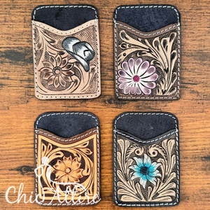 Tarjetero de cuero con herramientas manuales para mujer, billetera pequeña de cuero genuino occidental, tarjetero Floral púrpura, tarjetero - Product Image 1