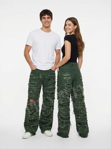 OEM ODM Jeans en denim déchiré épais en coton 450 GSM, jambe large, style streetwear, coupe ample, décontracté, tendance - Product Image 2