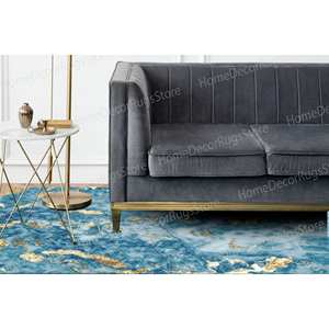 Alfombra Moderna de Lujo con Estampado de Tinta de Alcohol en Mármol Azul y Dorado, Alfombra de Terciopelo de Lujo - Product Image 4