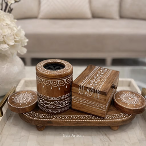 Bela Artisan Ensemble de plateaux de service en bois de manguier pour les voyages Mabkhara Box & Bakhoor Coffret cadeau avec mini diffuseur d'encens de parfums - Product Image 1