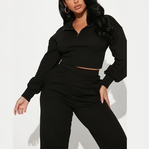 Ensemble deux pièces décontracté et élégant pour femme en coton 100 % tricoté au crochet, avec veste cardigan à double fermeture éclair et pantalon droit ample longueur totale - Product Image 2