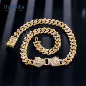 Venta caliente 925 Plata 18K Chapado en oro 12mm Iced Out Iced Double Panther Cadena cubana para hombres - Product Image 4