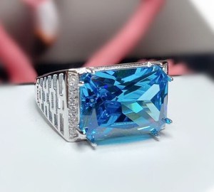 แหวนแต่งงานสำหรับผู้ชายสีฟ้าบุษราคัมตัดด้วยรังสีอัญมณีโรเดียม925เงินแท้แฮนด์เมดของขวัญพิเศษสำหรับเขา - Product Image 4