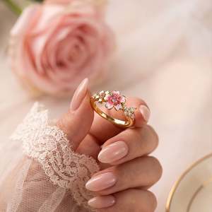 Jeulia Gold Plated Pink Enamel Sakura Cherry Blossom <b>Adjustable</b> <b>Ring</b> - Product Image 5