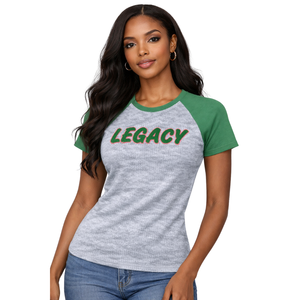 Camiseta Gris 08 Legacy con Mangas Raglán, Ropa de Hermandad Griega, Rosa y Verde para Mujer, Estilo Universitario, Casual, Veraniego, con Diamantes - Product Image 1