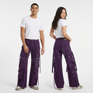 Oversized Vintage Custom Distressed Denim Cargo <b>Pants</b> Wide Leg Strap Utility Streetwear Multi Pocket Custom Color Denim <b>Pants</b> - Product Image 6