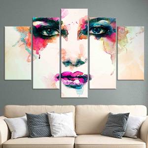 Arte Moderno Impreso en Lienzo: Elegante Decoración de Pared con Rostro de Mujer Colorido, Juego de 5 Lienzos Variados - Product Image 1