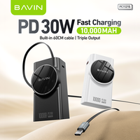 BAVIN Vente en gros PC1121S 10000mah 30W 60CM Câble de rétraction automatique Banque d'alimentation rétractable avec affichage LED