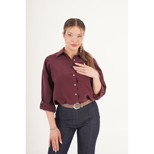 Lustrin Minimal Soft Striped Burgundy Women's Modal Blend Long Sleeve <b>Blouse</b> Shirt for Wholesale Boutiques - Product Image 1