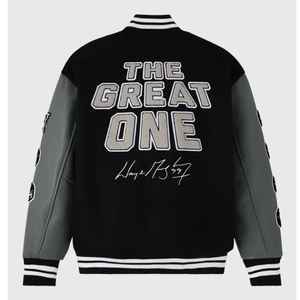 Veste universitaire Gretzky OVO, style vintage, entièrement boutonnée, corps en laine, manches en cuir véritable, taille plus, tricotée - Product Image 4