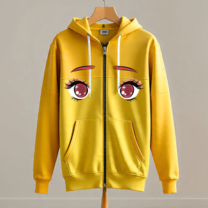Sudadera con Capucha y Cierre de Cremallera con Estampado de Ojos de Dibujos Animados Amarillos para Hombre, Corte Regular Informal, Tejido de Poliéster, Ropa de Otoño - Product Image 3