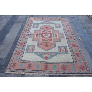 Tapis traditionnel en laine bleu rouge de grande surface 5.1X7.3 pieds Motif de couloir rectangle turc Design abstrait 10mm Latex pour adolescents - Product Image 1