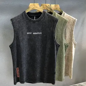 Alta calidad 100% algodón Vintage ácido lavado camiseta sin mangas chaleco hombres ropa de calle de gran tamaño Casual transpirable sin mangas de punto 220g - Product Image 3