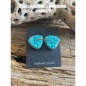Navajo Number 8 Turquoise <b>Sterling</b> <b>Silver</b> Geometric Inlay <b>Stud</b> <b>Earrings</b> - Product Image 1
