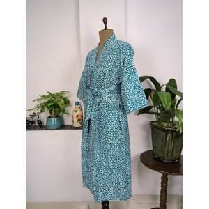 Pure Cotton Boho House Robe Indian Handprinted Summer Dress Blue White <b>Beach</b> Coverup Maternity Mom Bridal <b>Kimono</b> Style <b>Kimono</b> - Product Image 4