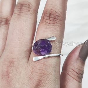 Wholesaler Rough Stone Jewelry Women's <b>Ring</b> Natural Raw <b>Amethyst</b> Gemstone Feb Birthstone Cross Band 925 Sterling Silver <b>Ring</b> - Product Image 2