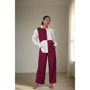 Ensemble 2 pièces en satin 100 % coton bicolore pour femme (chemise et pantalon) longueur genou, décoré de boutons, tenue d'été - Product Image 4