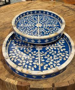 Plateau rond en incrustation de nacre de qualité supérieure et ensemble assorti pour collations et boissons et affichage décoratif d'Inde - Product Image 1
