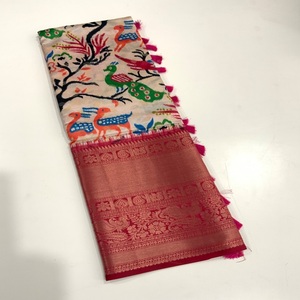 El último traje de diseñador, blusa Sari de seda Banarasi suave con estampado de flores Kalamkari, fabricante de trabajo de India - Product Image 1