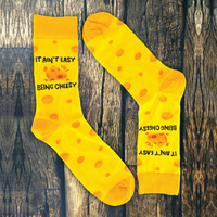 Chaussettes Jacquard Personnalisées à Motif Fromage Dessin Animé, Tricotées avec Texte Amusant, Séchage Rapide, Respirantes, Coton Spandex, Décontractées, Usage Quotidien Intérieur, Personnalisables