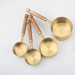 Vintage Gold Wooden Handle <b>Measuring</b> Cup and <b>Spoons</b> Set of 4 Kitchen Baking Tool Gold Cafe Scoop - Product Image 5