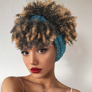 Perruques Courtes à Nœud Coulissant Imprimé Léopard, Crépues Afro Frisées Synthétiques, avec Petit Bonnet, Bandeau Écharpe - Product Image 1