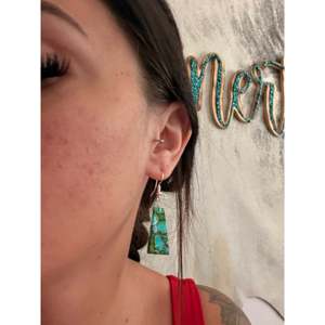 Navajo Green Mohave Turquoise & Sterling <b>Silver</b> Drop <b>Earrings</b> Geometric Slab <b>Dangle</b> Design Handmade - Product Image 2