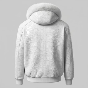 Chaqueta Bomber de Cuero Blanco con Textura Repujada de Cocodrilo Hecha a Mano, Prenda Exterior de Lujo para Hombre con Capucha de Piel Blanca - Product Image 4